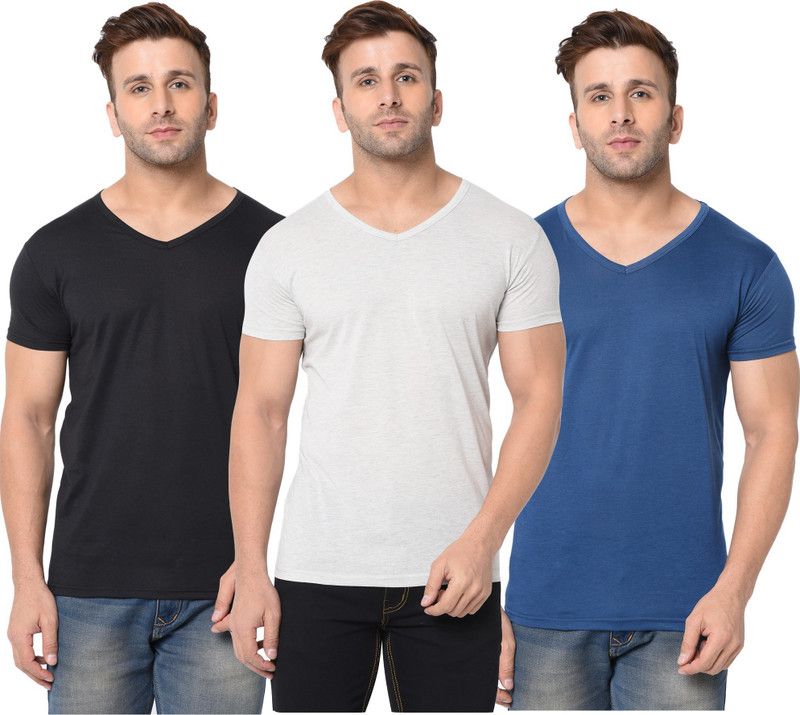 Pack of 3 V Neck Half Sleeve T-Shirts Men Solid V Neck Cotton Blend Dark Blue, Black, Grey T-Shirt