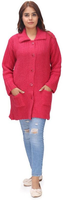 Women Woven Collared Neck Pink Sweater