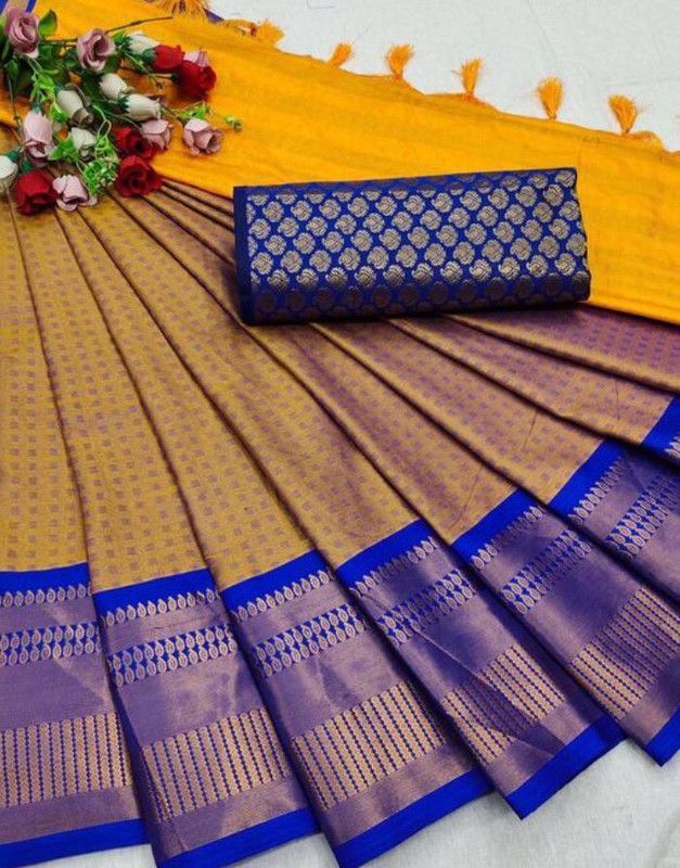 Checkered Banarasi Jacquard, Cotton Silk Saree  (Blue, Mustard)