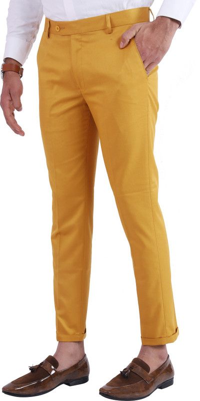 Men Regular Fit Gold Viscose Rayon Trousers