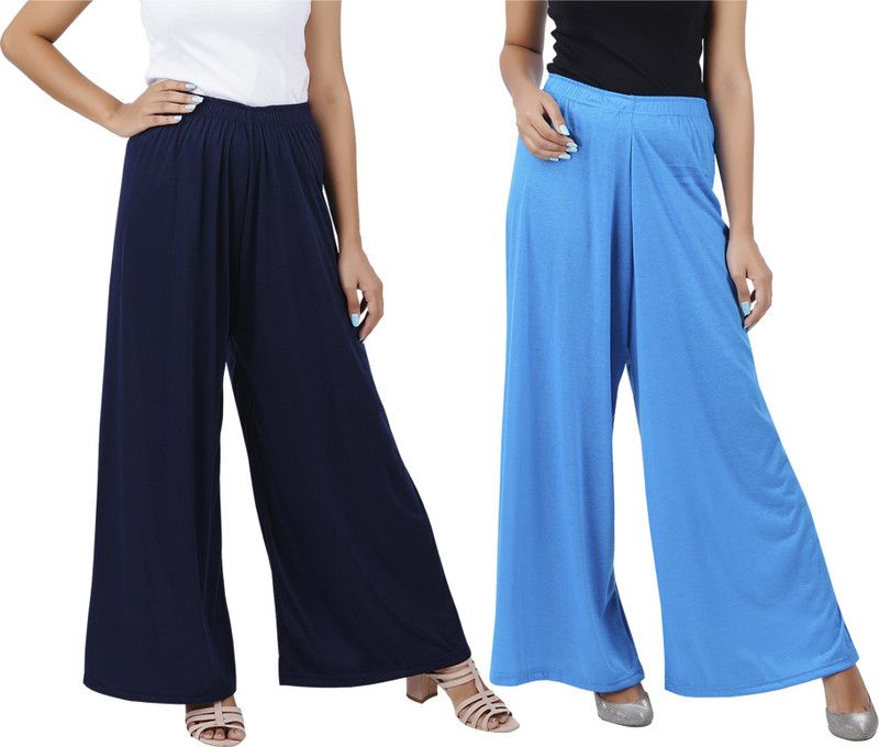 Pack of 2 Women Flared Blue, Blue Cotton Blend Trousers