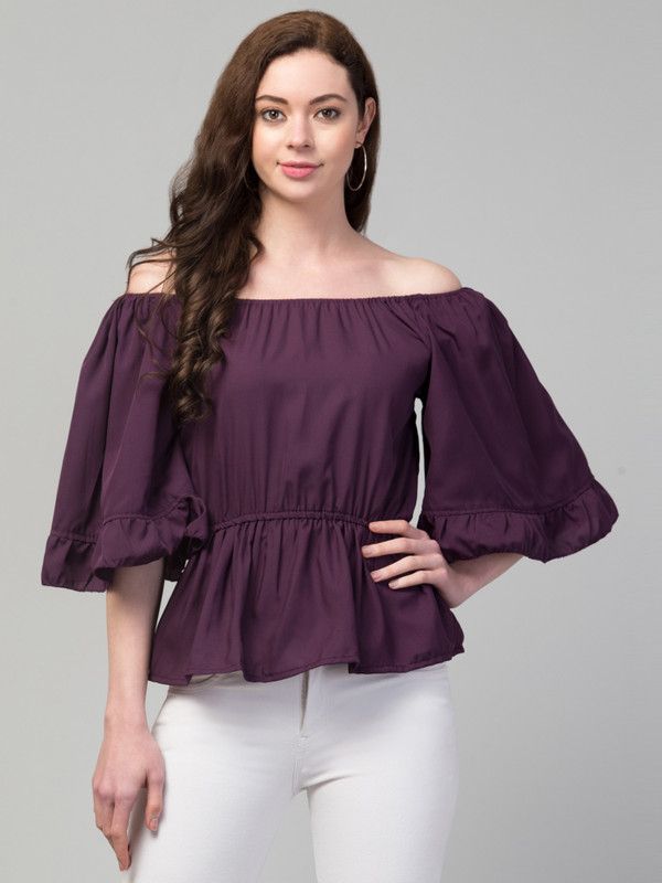 Casual Flutter Sleeves Embroidered Women Purple Top