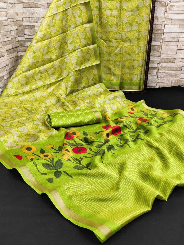 Floral Print Chanderi Cotton Silk Saree  (Light Green)