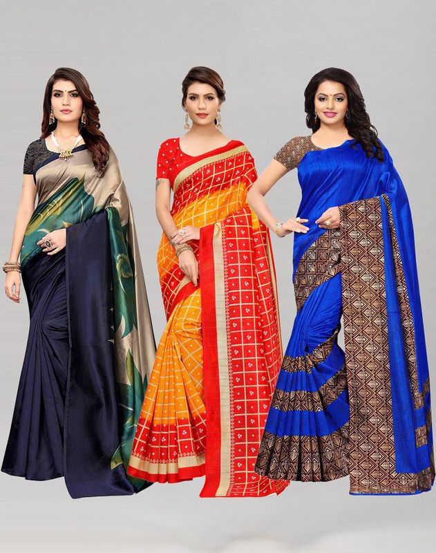 Self Design Daily Wear Cotton Silk Saree  (Pack of 3, Dark Blue, Yellow)