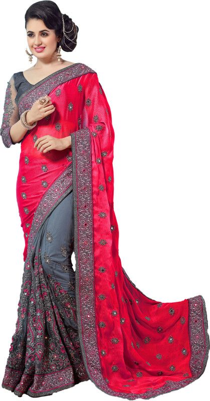 Embroidered Bollywood Net, Chiffon Saree  (Red, Pink, Grey)