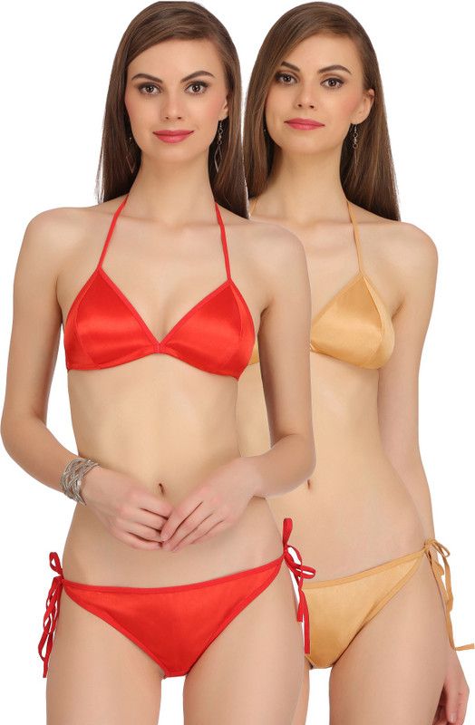Bra & Panty Set Self Design Red, Gold Lingerie Set