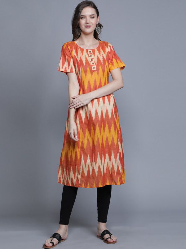 Women Ikat Pure Cotton Straight Kurta  (Multicolor)