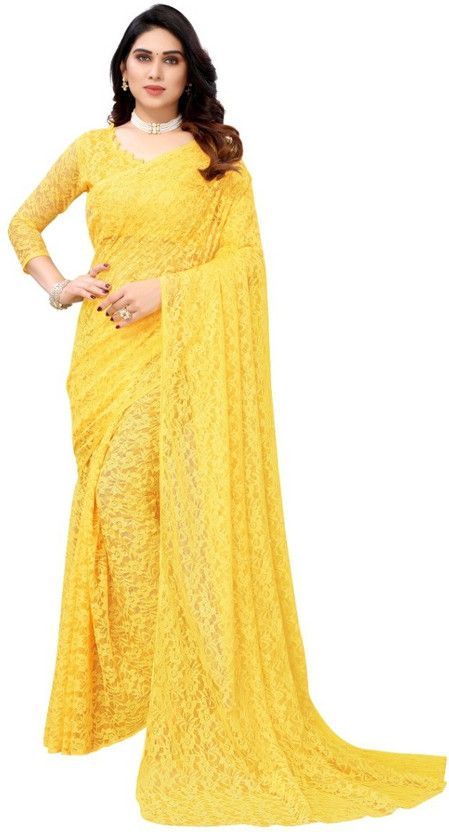 Printed, Solid/Plain Banarasi Net Saree  (Yellow)