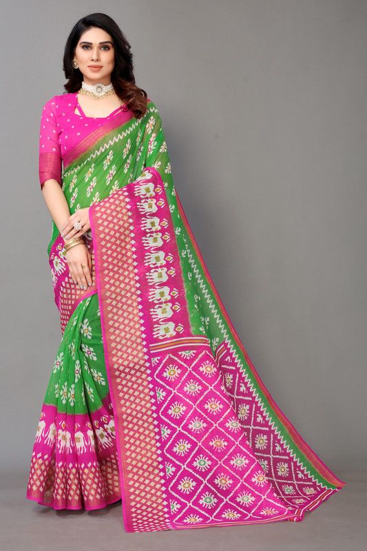 Printed, Animal Print Bollywood Cotton Blend, Cotton Silk Saree  (Green, Pink)