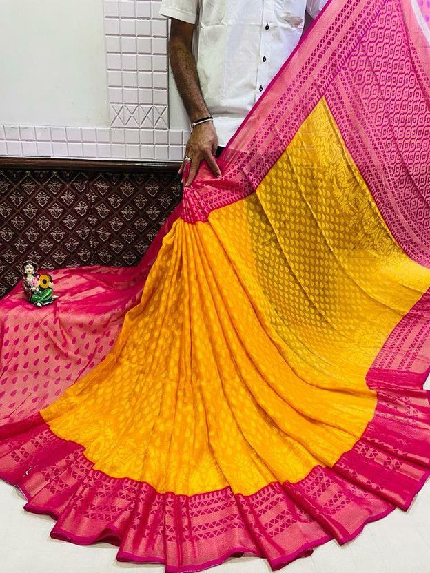 Solid/Plain Bollywood Brasso Saree  (Pink, Mustard)