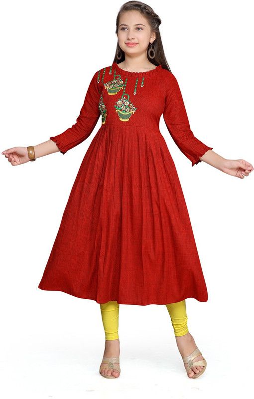 Girls Embroidered Pure Cotton Anarkali Kurta  (Maroon)