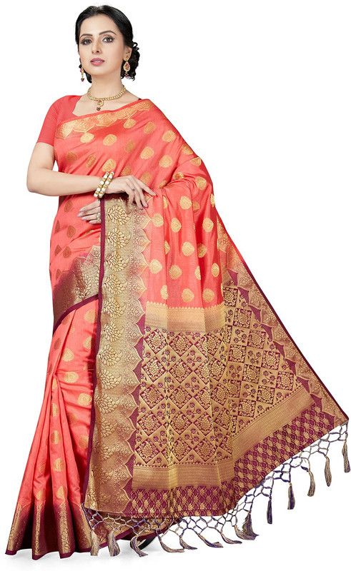Embellished Kanjivaram Silk Blend Saree  (Pink)