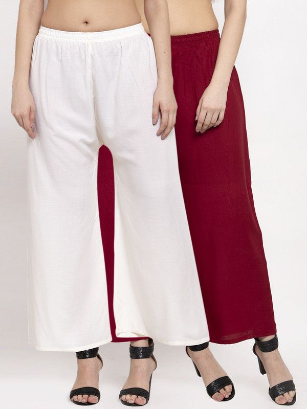 Pack of 2 Women Relaxed Maroon, White Cotton Blend Trousers