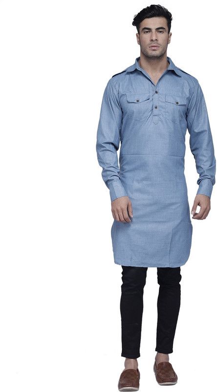 Men Solid, Checkered Kurta  (Blue)