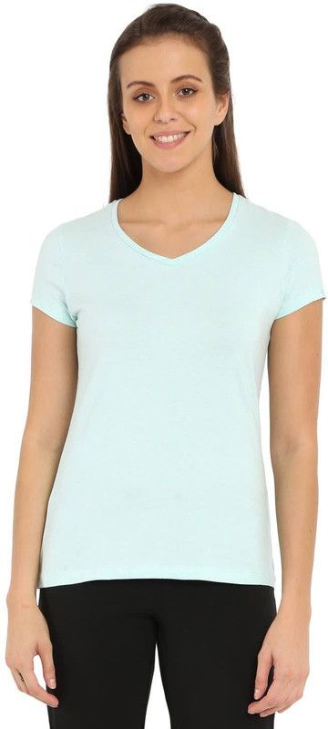 1359 Women Solid V Neck Cotton Blend Light Blue T-Shirt
