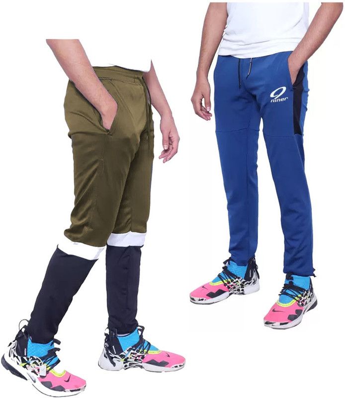 Pack of 2 Men Solid Blue, Olive Track Pants