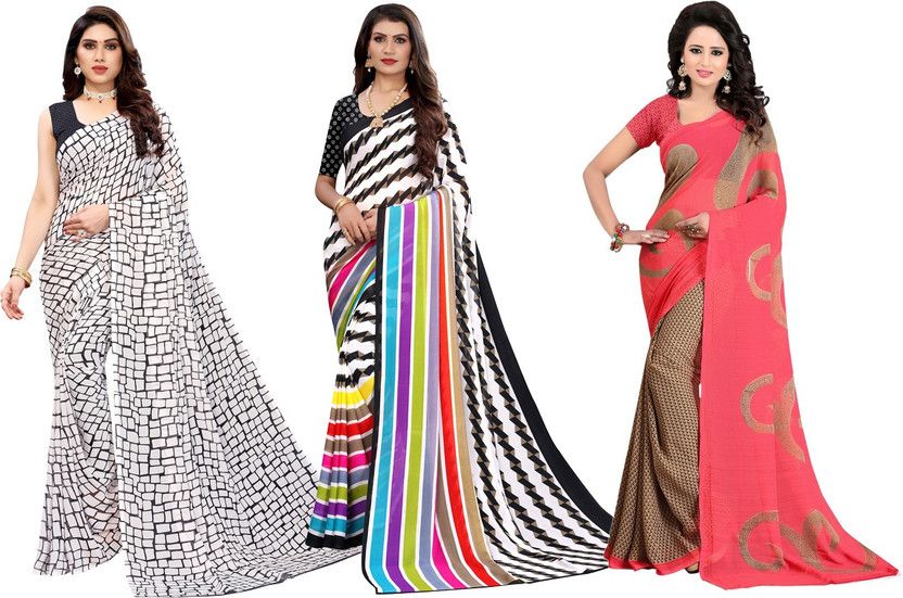 Printed Daily Wear Georgette Saree  (Pack of 3, Cream)