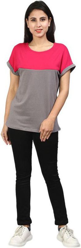 Color Block Women Grey, Pink T-Shirt