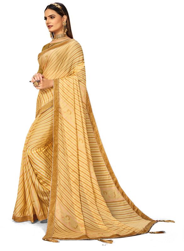 Striped Leheria Chiffon Saree  (Beige)