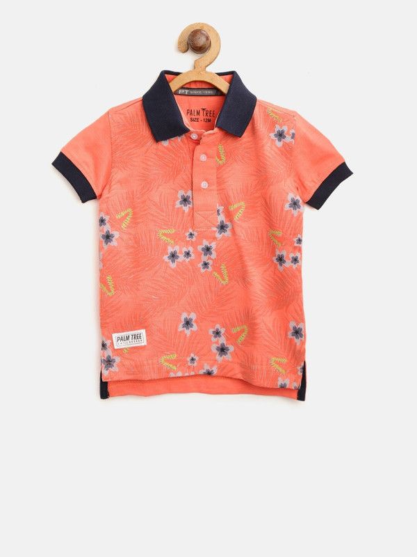Baby Boys Floral Print Pure Cotton T Shirt  (Orange, Pack of 1)