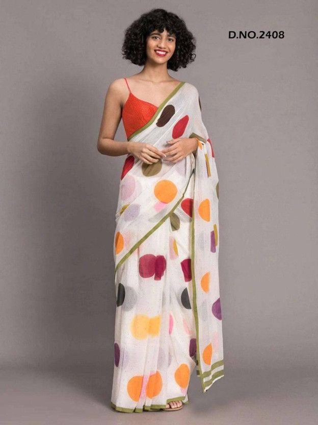 Polka Print Bollywood Chanderi Saree  (White)