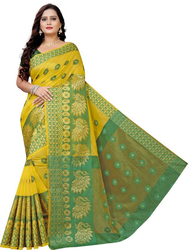 Self Design, Temple Border, Striped, Woven, Embellished, Animal Print, Solid/Plain Banarasi Silk Blend, Cotton Blend Saree  (Yellow)