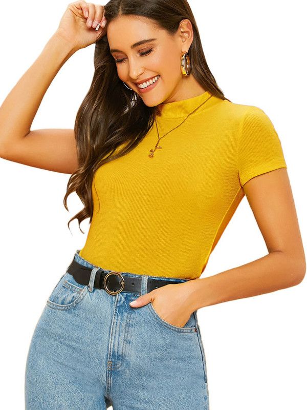 Women Solid High Neck Cotton Blend Yellow T-Shirt