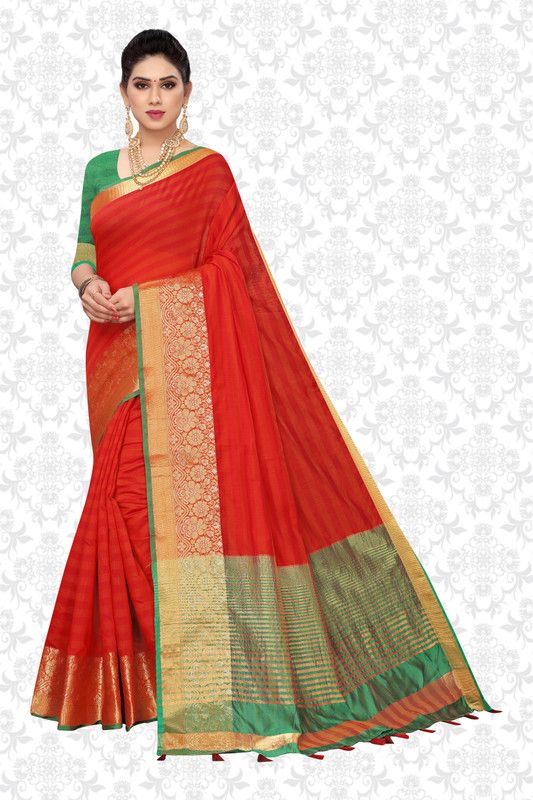 Woven Bollywood Cotton Silk Saree  (Red)