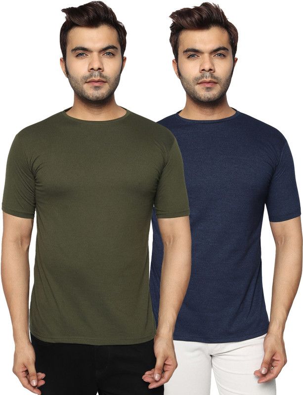 Solid Men Dark Green, Blue T-Shirt  (Pack of 2)