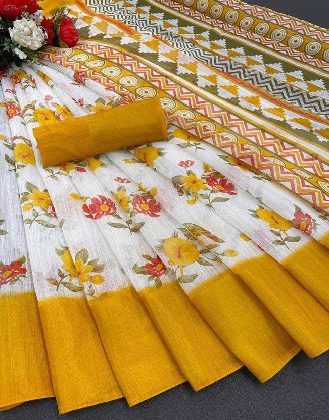 Printed Patola Cotton Linen Saree  (Red)