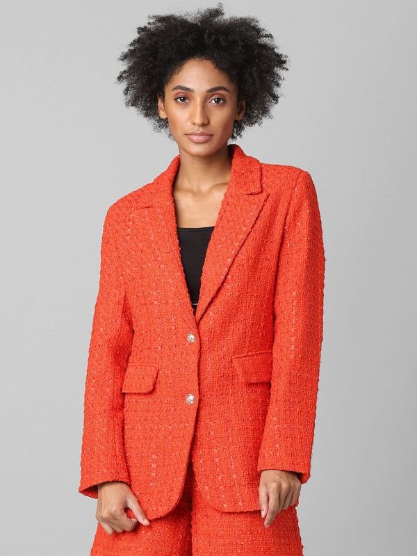 Women Self Design Single Breasted Casual Blazer  (Orange)