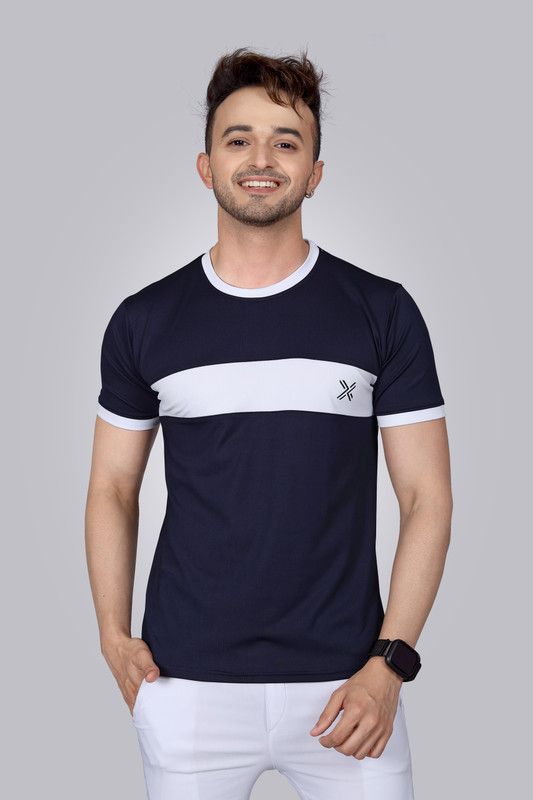 Men Striped Round Neck Elastane Blue T-Shirt