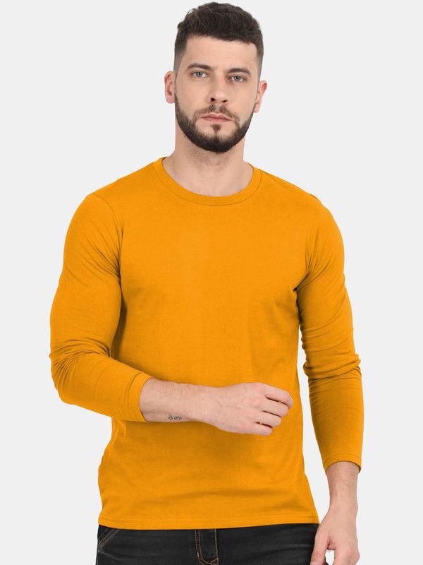 Men Solid Round Neck Pure Cotton Yellow T-Shirt