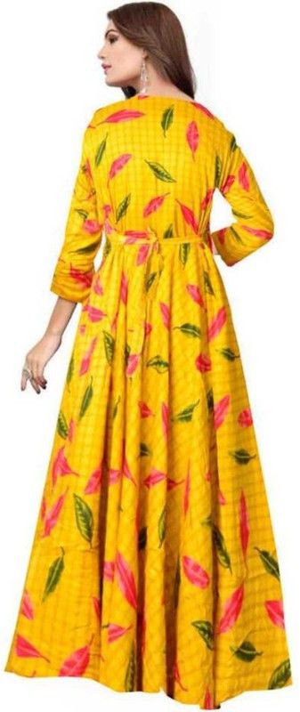 Printed Rayon Blend Stitched Flared/A-line Gown  (Yellow, Green, Pink)