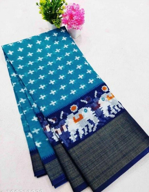 Printed Bollywood Cotton Blend Saree  (Light Blue)