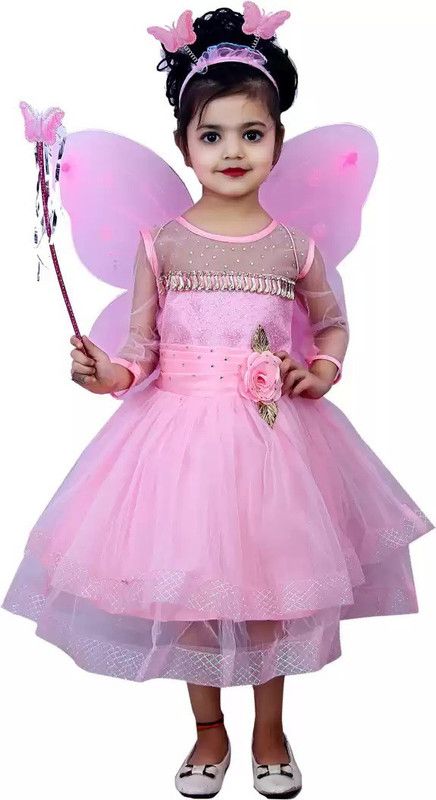 Girls Calf Length Festive/Wedding Dress  (Pink, Short Sleeve)
