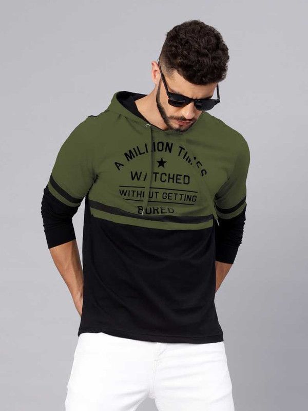 Men Printed Hooded Neck Cotton Blend Dark Green T-Shirt