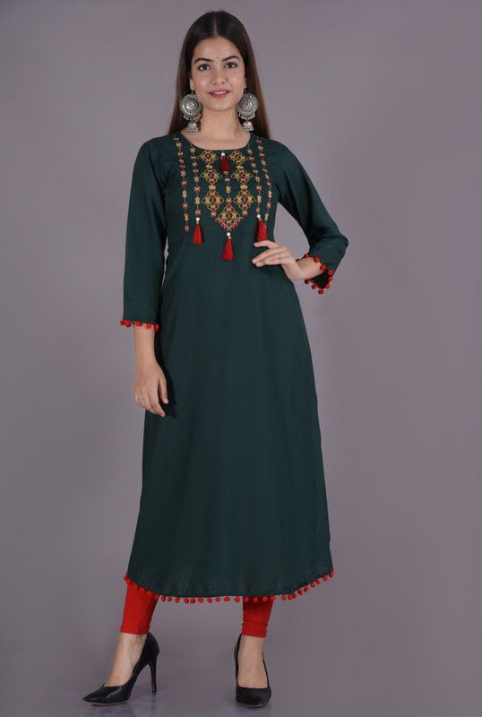 Women Embroidered Kurta  (Dark Green)
