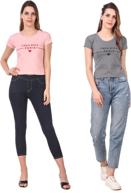 Pack of 2 Casual Regular Sleeves Printed Women Pink, Grey Top