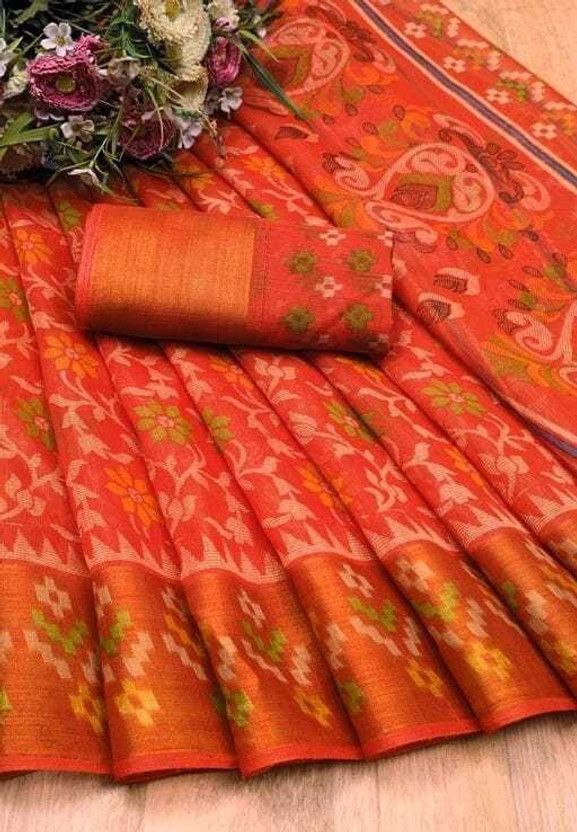 Printed Banarasi Cotton Blend Saree  (Orange)