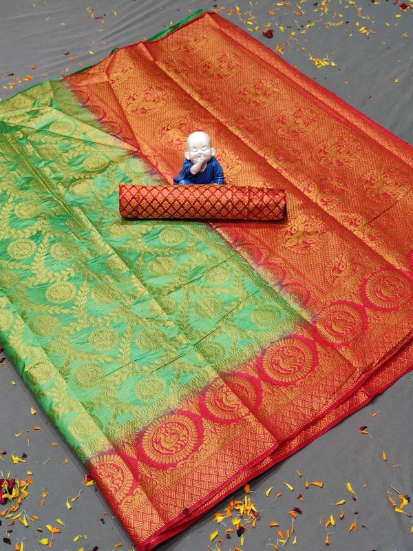 Floral Print Banarasi Jacquard Saree  (Green, Red)