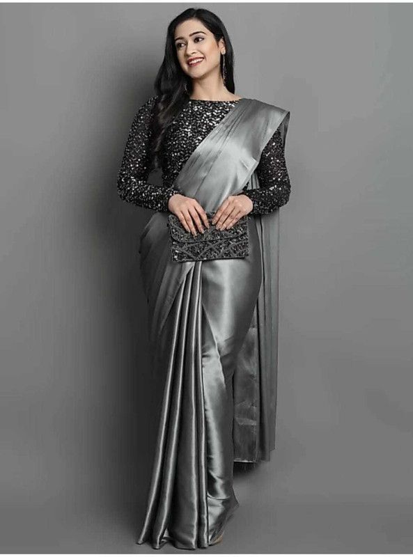 Solid/Plain Bollywood Satin Saree  (Silver)