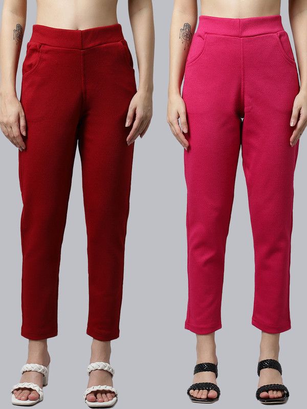 Pack of 2 Women Regular Fit Maroon, Pink Wool Trousers