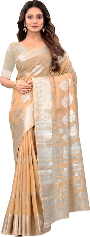 Woven Bollywood Cotton Silk Saree  (Cream)
