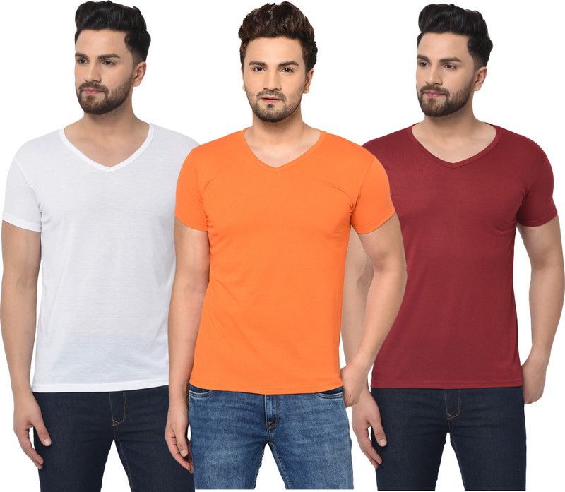 Pack of 3 V neck Combo T-shirts Multicolor Men Solid V Neck Cotton Blend White, Maroon, Orange T-Shirt