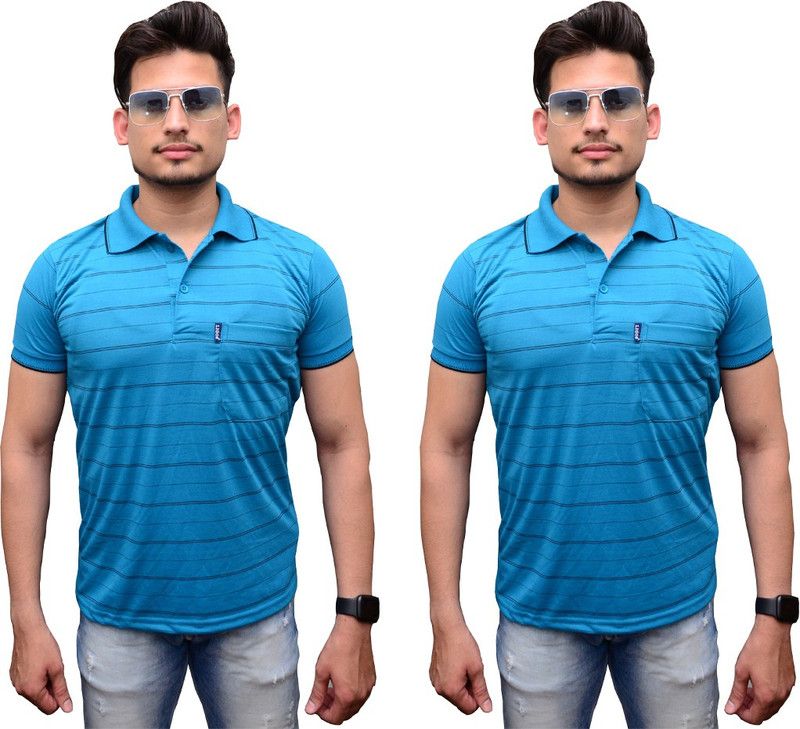 Striped Men Light Blue T-Shirt  (Pack of 2)