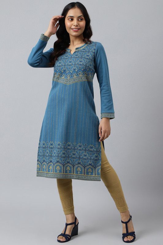 Women Printed Polyester Straight Kurta  (Blue)