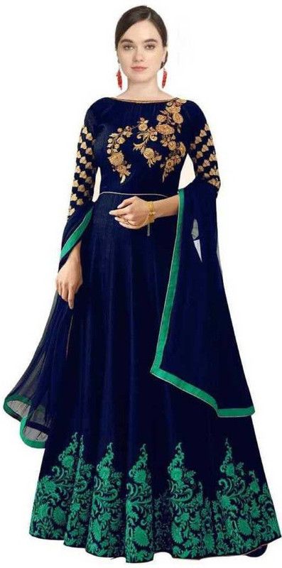 Semi Stitched Satin Gown/Anarkali Kurta & Bottom Material Embroidered