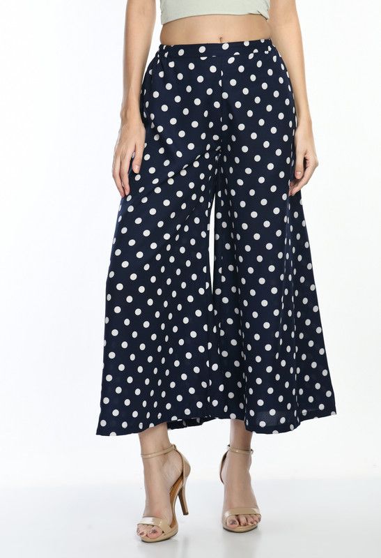 Women Flared Dark Blue Crepe Trousers