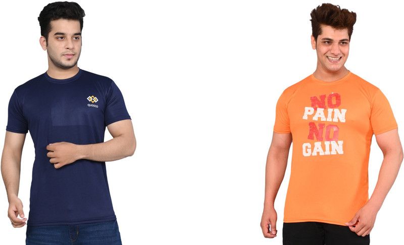 Pack of 2 Men Printed Round Neck Elastane Blue, Orange T-Shirt